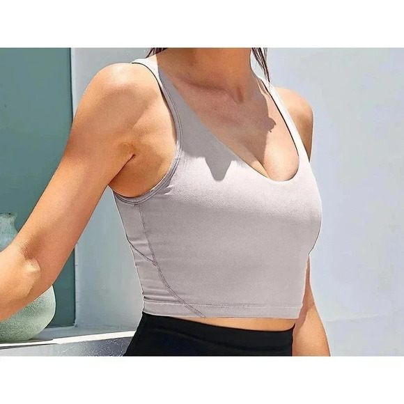 Womens Stretch Scoop Neck Sleeveless Padded Yoga Running Gym Crop Tank Medium - Picture 3 of 9